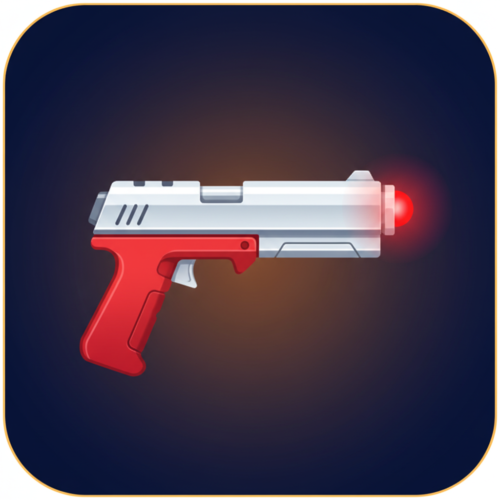 Compact futuristic pistol with silvery white barrel and red grip