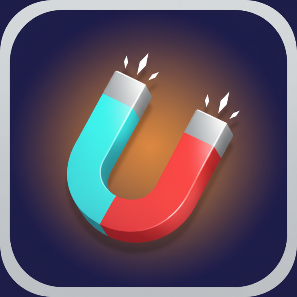 Horseshoe-shaped magnet with turquoise and red arms, white sparkles