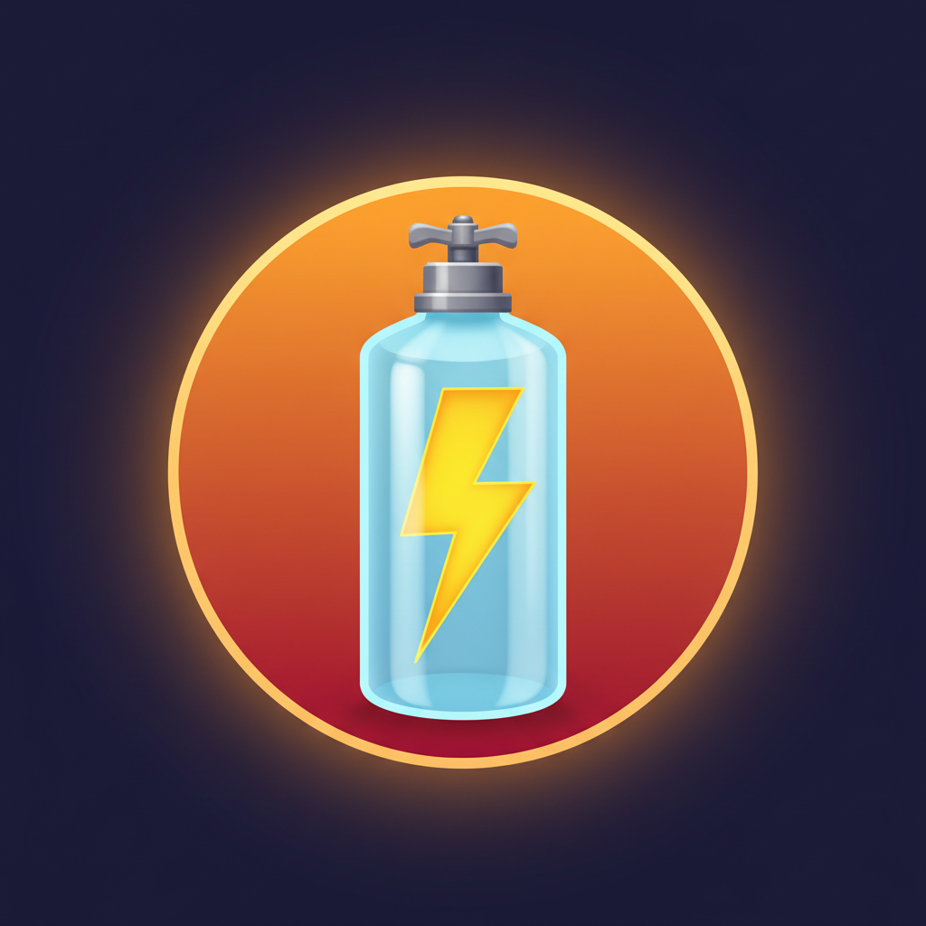 Transparent blue cylinder with yellow lightning bolt inside and grey valve on top
