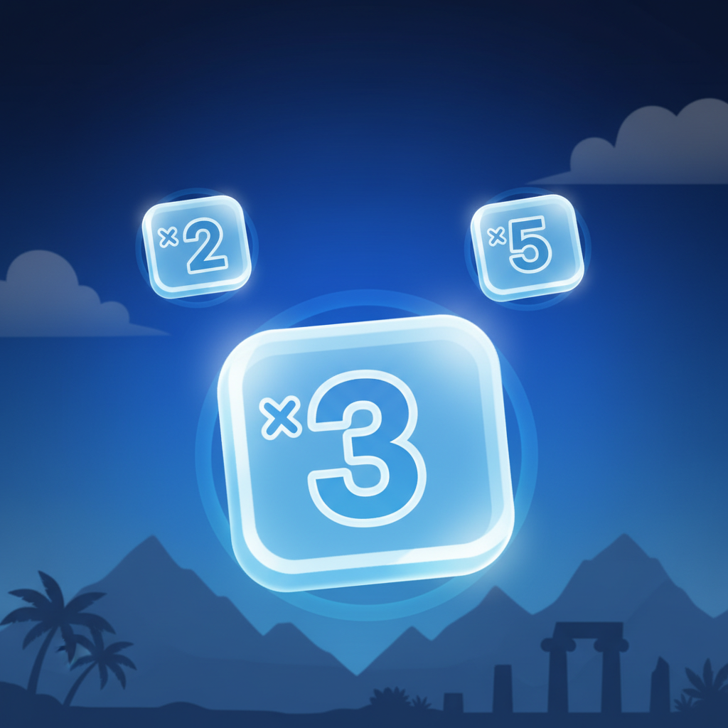 Multiplier collectibles with x symbol before digits, glowing blue-white