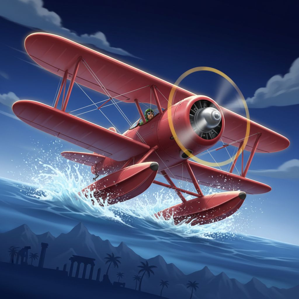 Red biplane with pontoon water skis attached under wings