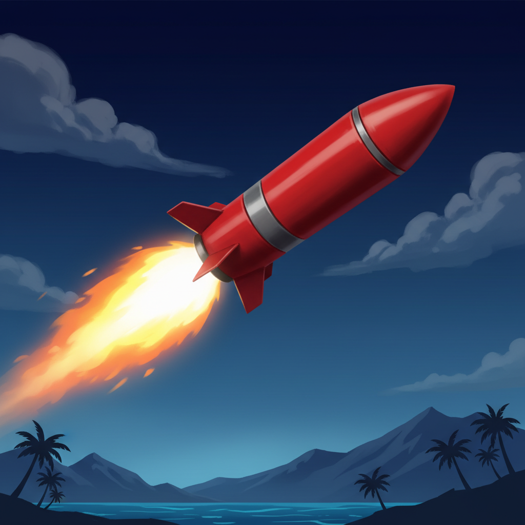 Red cylindrical missile with bright yellow-white flame trail